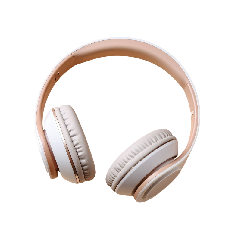 Rose gold and white wireless over-ear headphones with cushioned ear pads and adjustable headband on white background