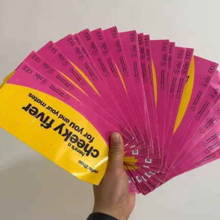 手持展开的粉色和黄色快递袋，印有Hello Zhao品牌标志和cheeky flyer字样，附有回收标志和二维码